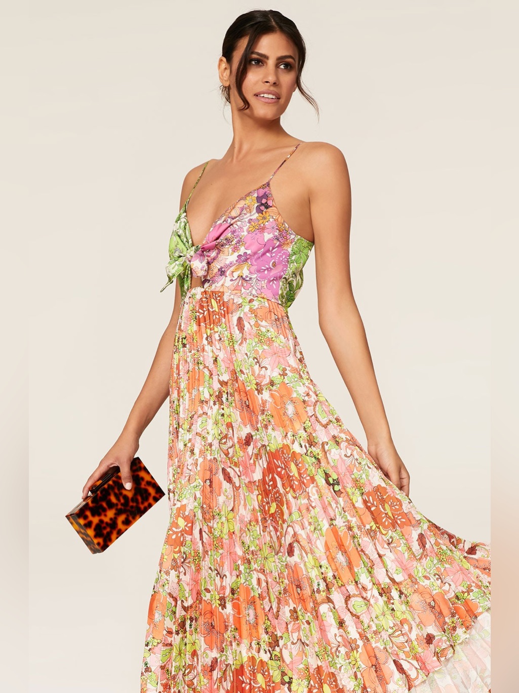 Delfi Floral Tie-Front Maxi Dress In Pink, Orange & Green